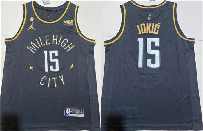 Personalized Men’s Denver Nuggets #15 Nikola Jokic Black With NO.6 Patch Stitched Jersey