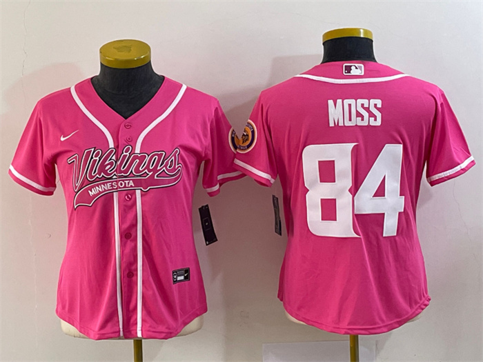 Personalized Women’s Minnesota Vikings #84 Randy Moss Pink With Patch Cool Base Stitched Baseball Jersey(Run Small)
