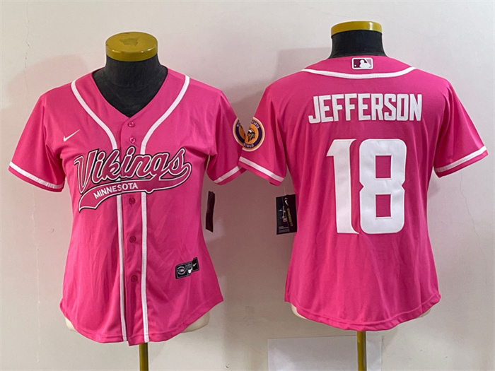Personalized Women’s Minnesota Vikings #18 Justin Jefferson Pink With Patch Cool Base Stitched Baseball Jersey(Run Small)