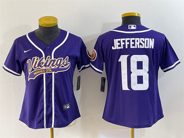 Personalized Women’s Minnesota Vikings #18 Justin Jefferson Purple With Patch Cool Base Stitched Baseball Jersey(Run Small)