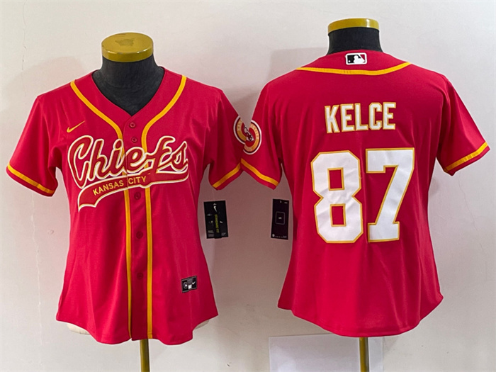 Personalized Women’s Kansas City Chiefs #87 Travis Kelce Red With Patch Cool Base Stitched Baseball Jersey(Run Small)