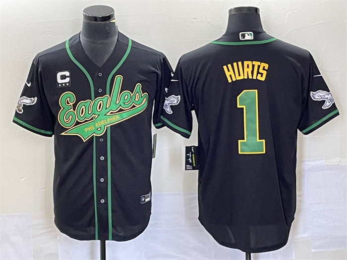 Personalized Men’s Philadelphia Eagles #1 Jalen Hurts Black With C Patch Cool Base Stitched Baseball Jersey