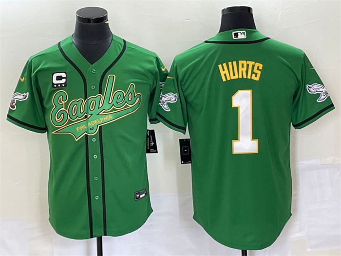 Personalized Men’s Philadelphia Eagles #1 Jalen Hurts Green With C Patch Cool Base Stitched Baseball Jersey