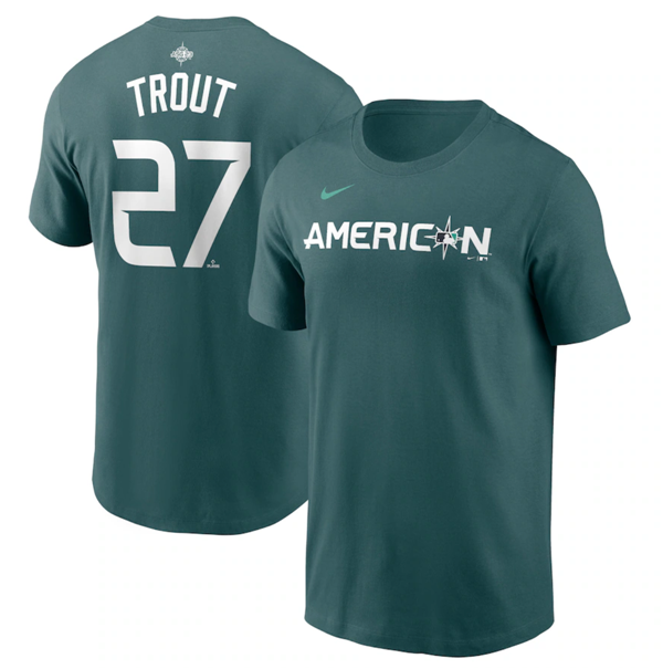 Personalized Men’s Los Angeles Angels #27 Mike Trout Teal 2023 All-Star Name & Number T-Shirt