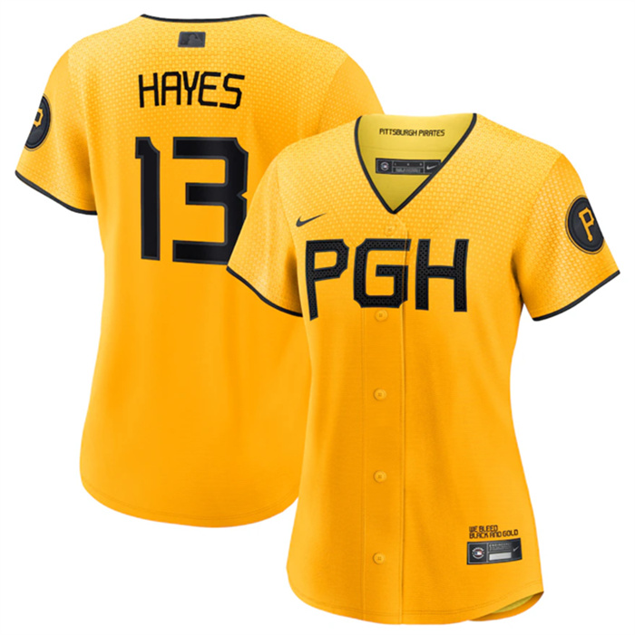 Personalized Women’s Pittsburgh Pirates #13 Ke’Bryan Hayes Gold 2023 City Connect Stitched Jersey