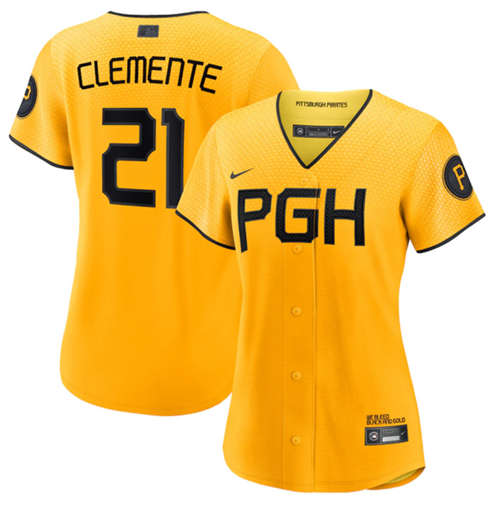 Personalized Women’s Pittsburgh Pirates #21 Roberto Clemente Gold 2023 Draft City Connect Stitched Jersey