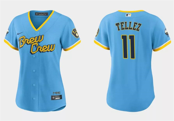 Personalized Women’s Milwaukee Brewers #11 Rowdy Tellez 2022 Powder Blue City Connect Cool Base Stitched Jersey(Run Small)