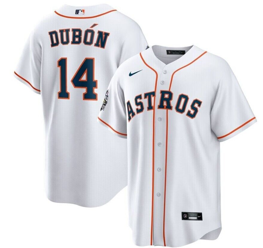 Personalized Men’s Houston Astros #14 Mauricio Dubón White 2022 World Series Patch Cool Base Stitched Baseball Jersey
