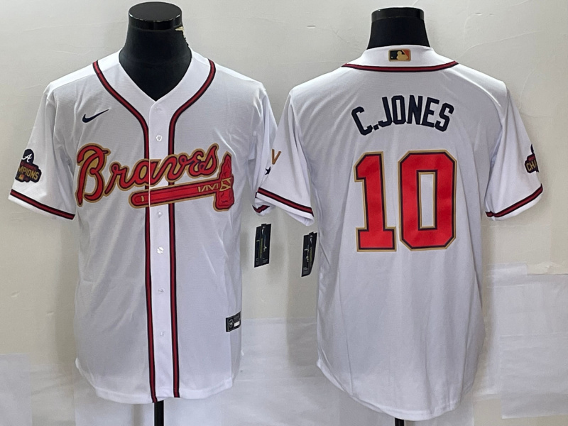 Personalized Men’s Atlanta Braves #10 Chipper Jones 2022 White Gold World Series Champions Program Cool Base Stitched Baseball Jersey