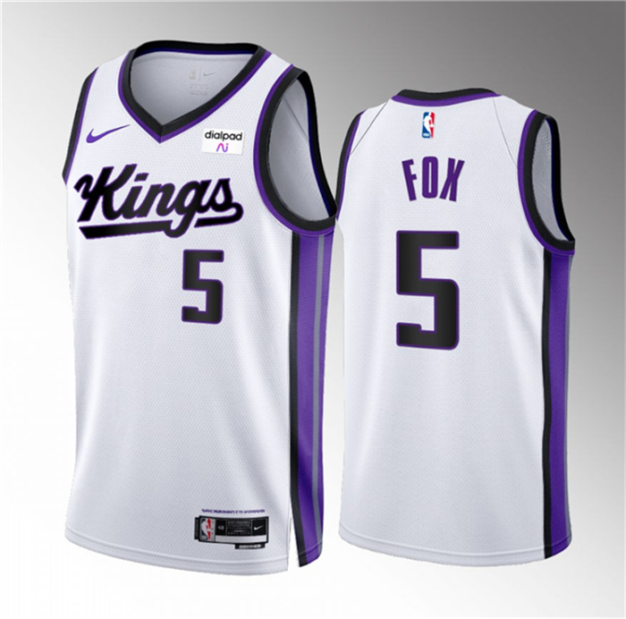 Personalized Men’s Sacramento Kings #5 De’Aaron Fox White 2023 24 Association Edition Swingman Stitched Basketball Jersey