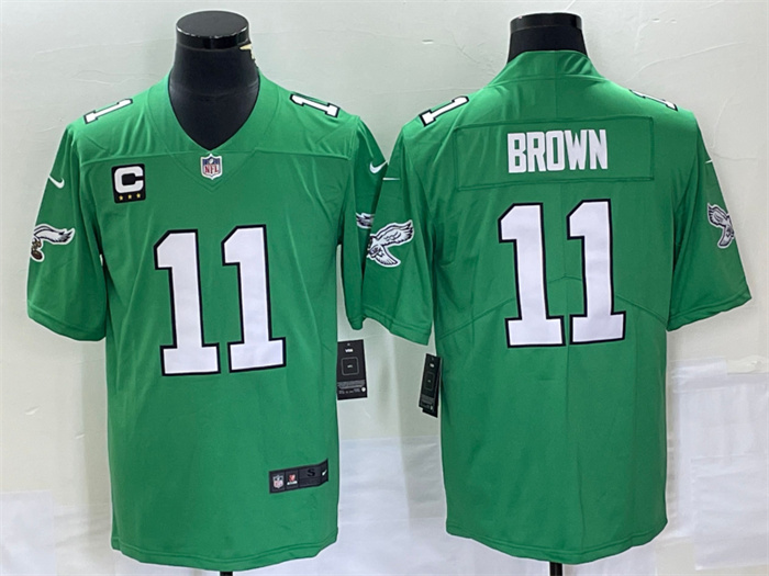 Personalized Men’s Philadelphia Eagles #11 A. J. Brown Green With C Patch Stitched Football Jersey