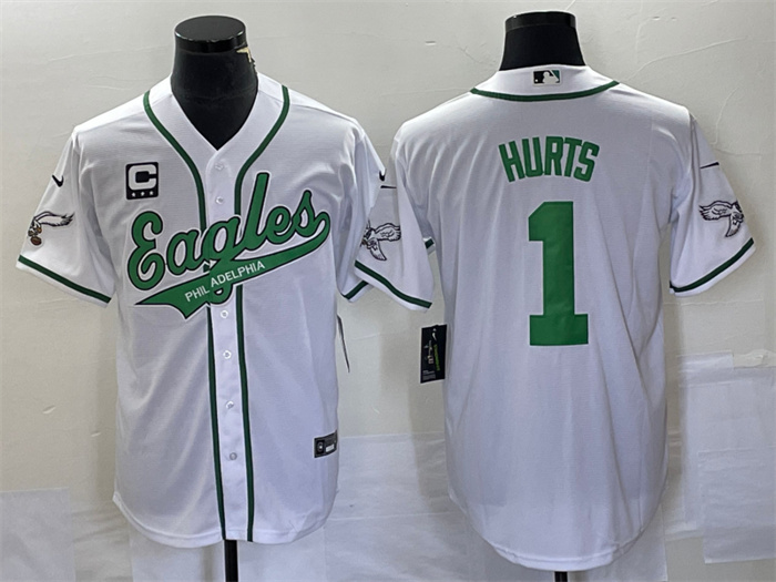 Personalized Men’s Philadelphia Eagles #1 Jalen Hurts White With C Patch Cool Base Stitched Baseball Jersey
