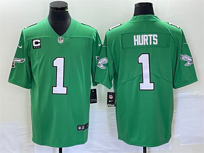 Personalized Men’s Philadelphia Eagles #1 Jalen Hurts Green Limited With C Patch Stitched Football Jersey