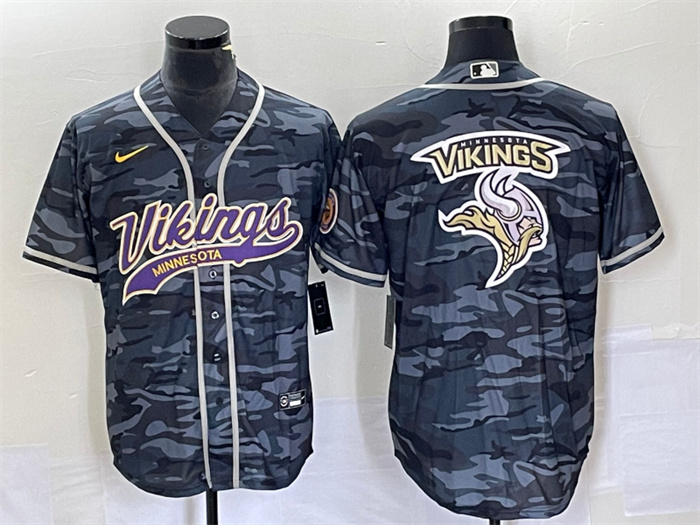 Personalized Men’s Minnesota Vikings Grey Camo Team Big Logo Cool Base Stitched Baseball Jersey