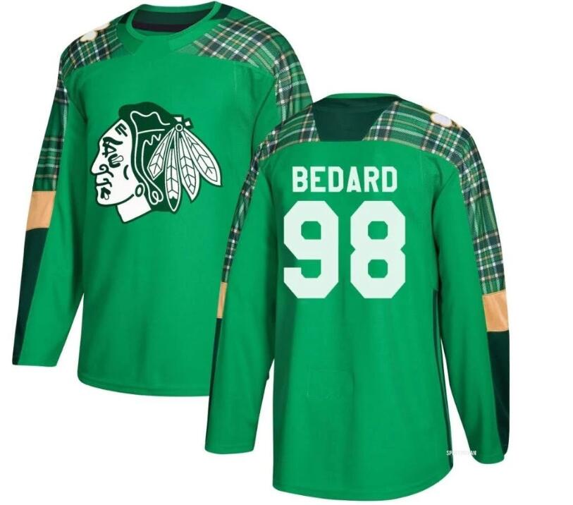 Personalized Men’s Chicago Blackhawks #98 Connor Bedard Green St Patrick’s Day Jersey