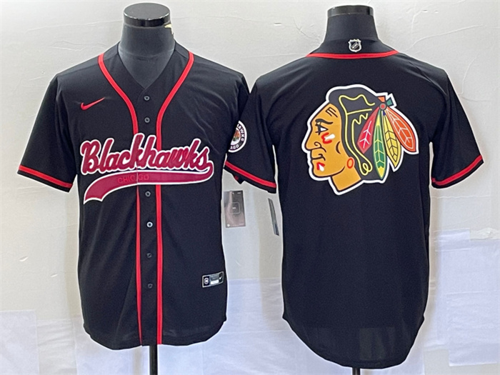 Personalized Men’s Chicago Blackhawks Black Team Big Logo Cool Base Stitched Baseball Jersey