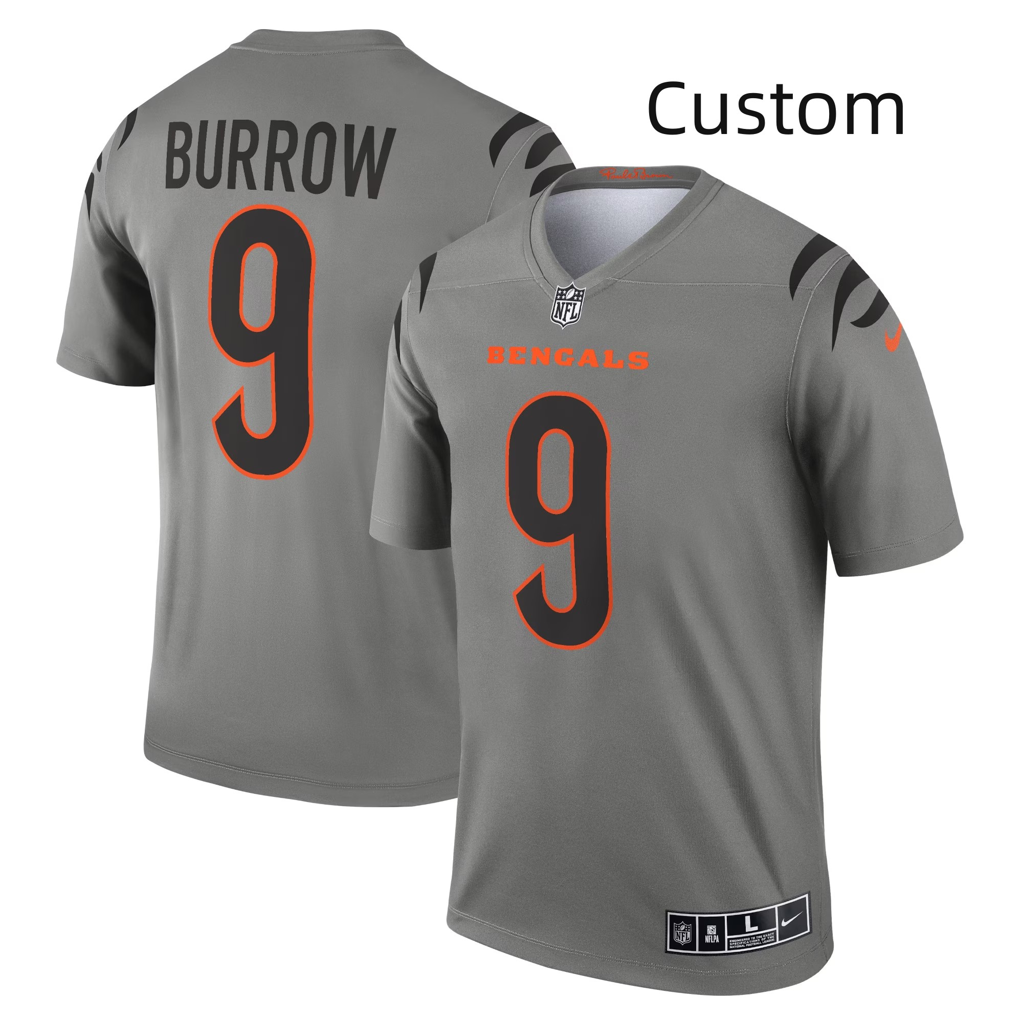 Personalized Men’s #9 Joe Burrow Gray Cincinnati Bengals Inverted Legend Jersey