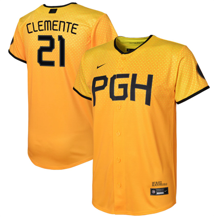 Personalized Youth Pittsburgh Pirates #21 Roberto Clemente Gold 2023 City Connect Stitched Jersey