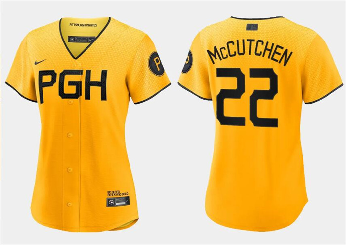 Personalized Women’s Pittsburgh Pirates #22 Andrew McCutchen Gold 2023 City Connect Stitched Jersey