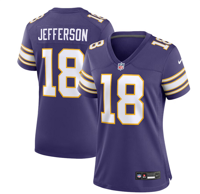 Personalized Women’s Minnesota Vikings #18 Justin Jefferson Purple 2023 Stitched Game Jersey(Run Small)