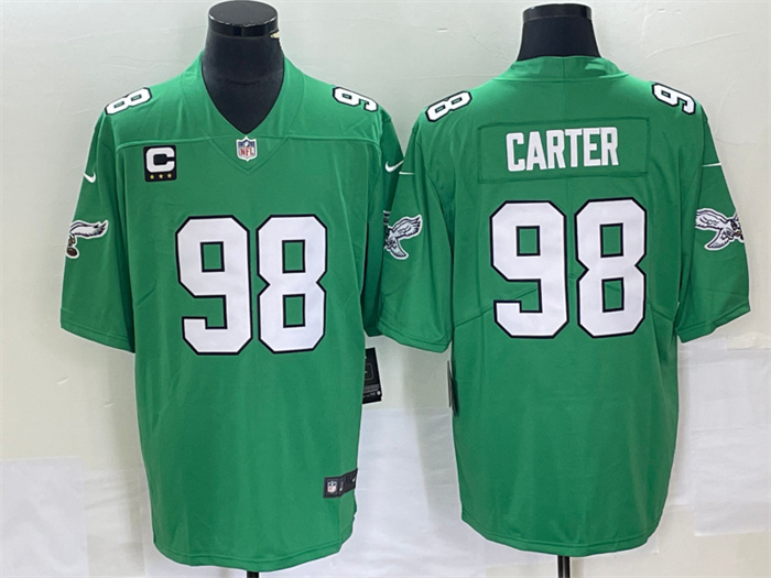 Personalized Men’s Philadelphia Eagles #98 Jalen Carter Green Limited With C Patch Stitched Football Jersey