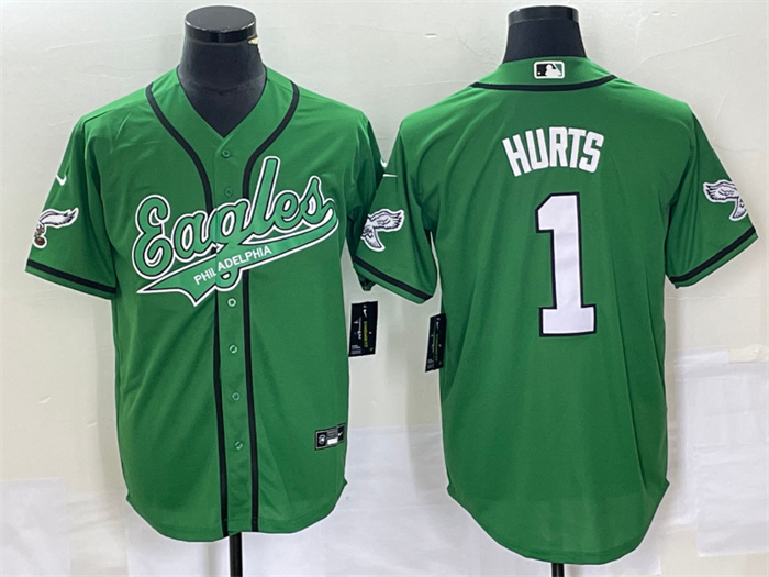 Personalized Men’s Philadelphia Eagles #1 Jalen Hurts Green Cool Base Stitched Baseball Jersey