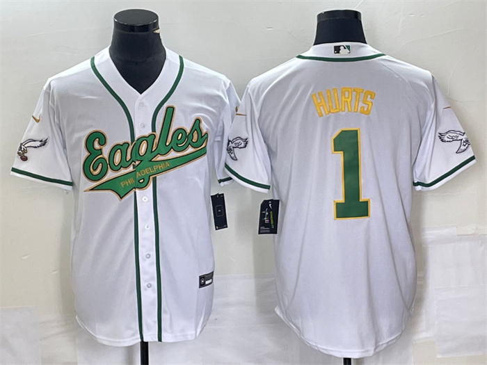 Personalized Men’s Philadelphia Eagles #1 Jalen Hurts White Gold Cool Base Stitched Baseball Jersey