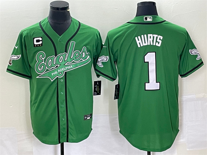 Personalized Men’s Philadelphia Eagles #1 Jalen Hurts Green With C Patch Cool Base Stitched Baseball Jersey
