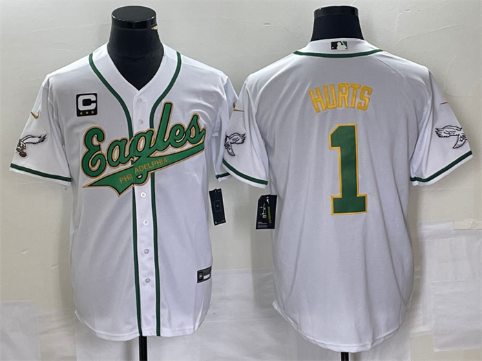 Personalized Men’s Philadelphia Eagles #1 Jalen Hurts White Gold With C Patch Cool Base Stitched Baseball Jersey
