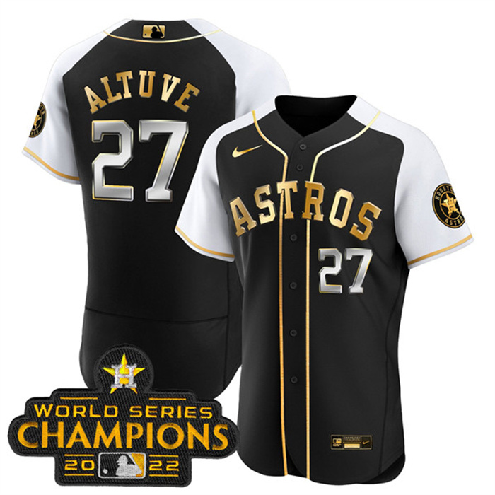 Personalized Men’s Houston Astros #27 Jose Altuve 2023 Black Gold Alternate Flex Base Stitched Baseball Jersey