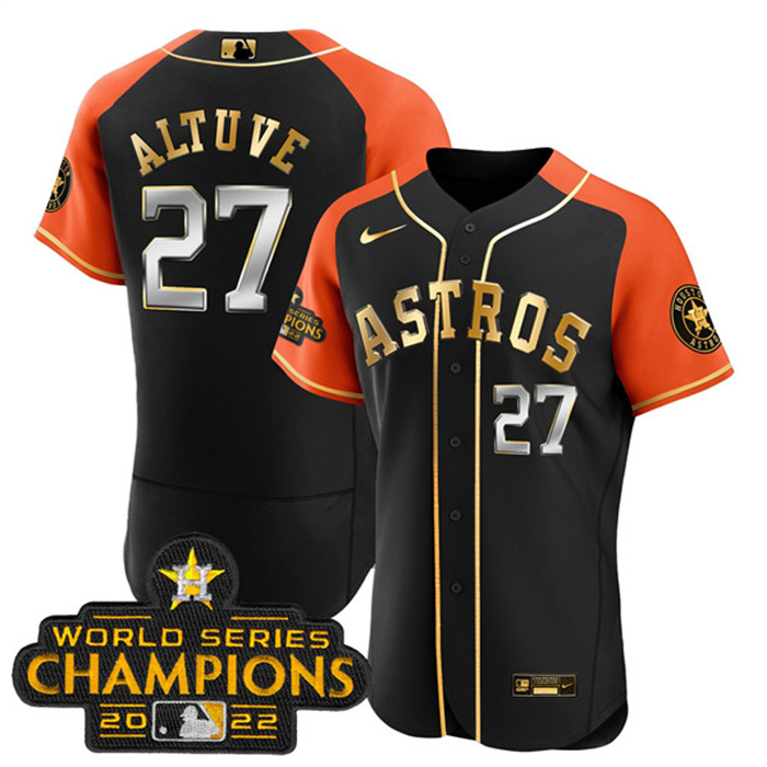 Personalized Men’s Houston Astros #27 Jose Altuve 2023 Black Gold V2 Alternate Flex Base Stitched Baseball Jersey