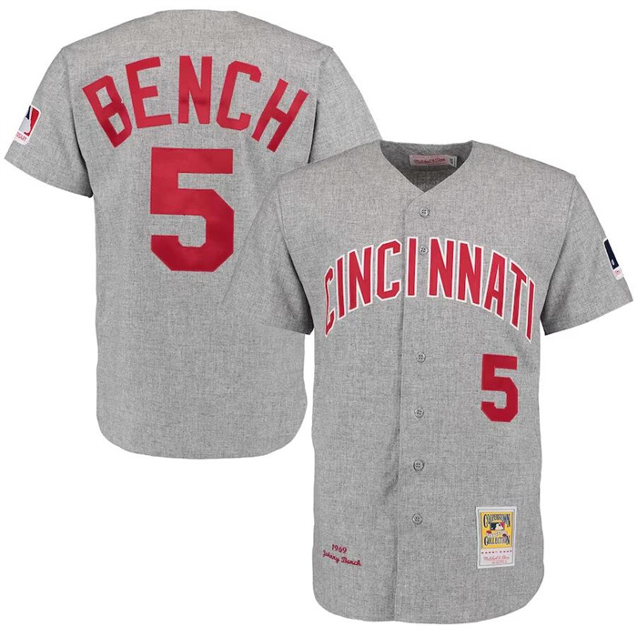 Personalized Men’s Cincinnati Reds #5 Johnny Bench Mitchell & Ness Gray 1969 Throwback Jersey