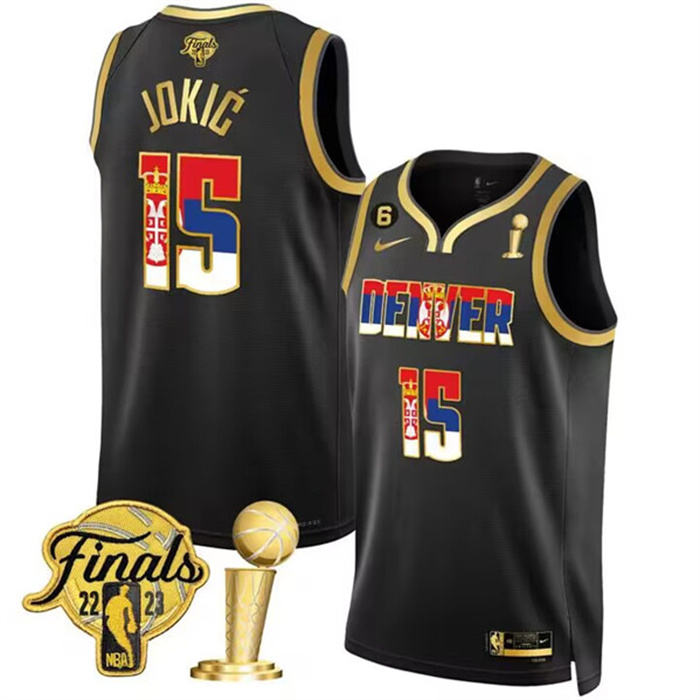 Personalized Men’s Denver Nuggets #15 Nikola Jokic 2023 Black Gold Serbia Flag Finals Champions With NO.6 Patch Stitched Basketball Jersey