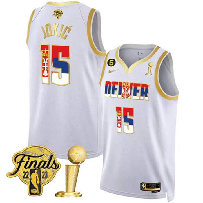 Personalized Men’s Denver Nuggets #15 Nikola Jokic 2023 White Gold Serbia Flag Finals Champions With NO.6 Patch Stitched Basketball Jersey