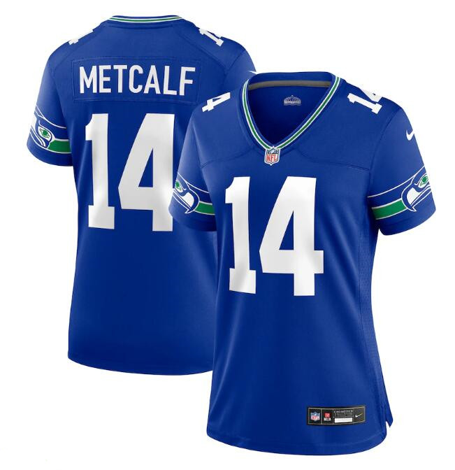 Personalized Women’s Seattle Seahawks #14 D.K. Metcalf Royal Throwback Player Stitched Game Jersey(Run Small)
