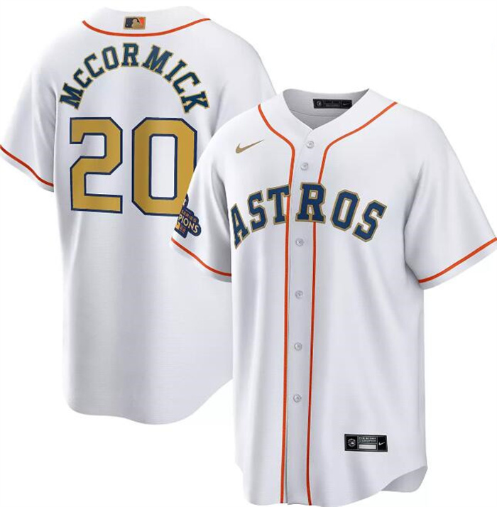 Personalized Men’s Houston Astros #20 Chas McCormick White 2023 Gold Collection With World Serise Champions Patch Cool Base Stitched Baseball Jersey