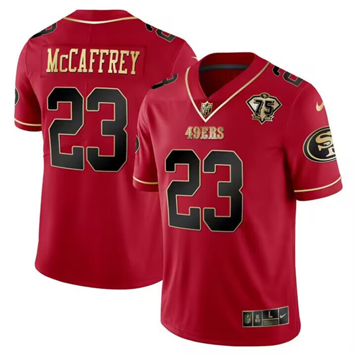 Personalized Men’s San Francisco 49ers #23 Christian McCaffrey Red Gold 75 Anniversary Patch Limited Stitched Football Jersey