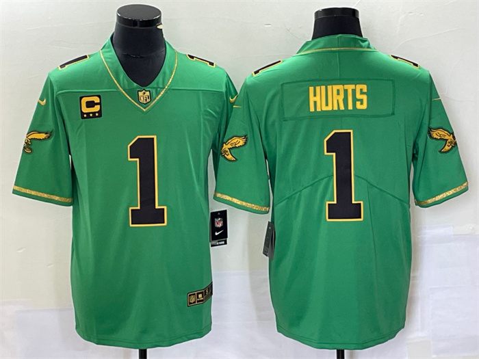 Personalized Men’s Philadelphia Eagles #1 Jalen Hurts Green Gold Limited With C Patch Stitched Football Jersey