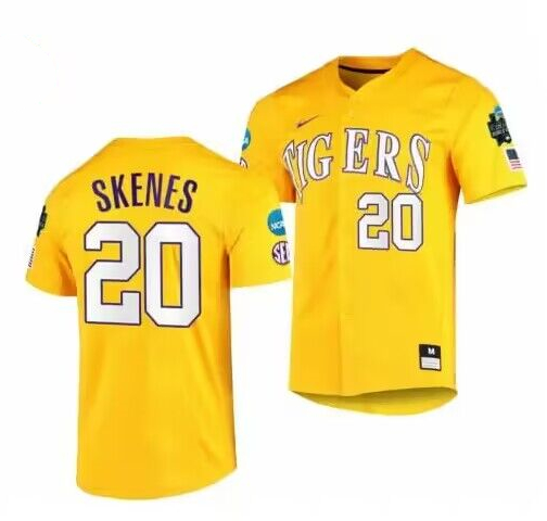 Personalized Men’s LSU Tigers #20 Paul Skenes Gold 2023 College World Series Stitched Baseball Jersey