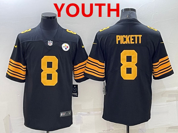 Personalized Youth Pittsburgh Steelers #8 Kenny Pickett Black Color Rush Stitched NFL Limited Jersey