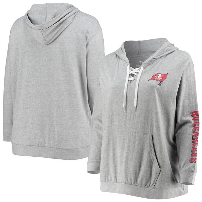 Personalized Women’s Tampa Bay Buccaneers Heathered Gray Plus Size Lace-Up Pullover Hoodie