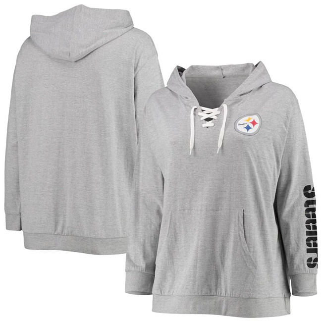 Personalized Women’s Pittsburgh Steelers Heathered Gray Lace-Up Pullover Hoodie