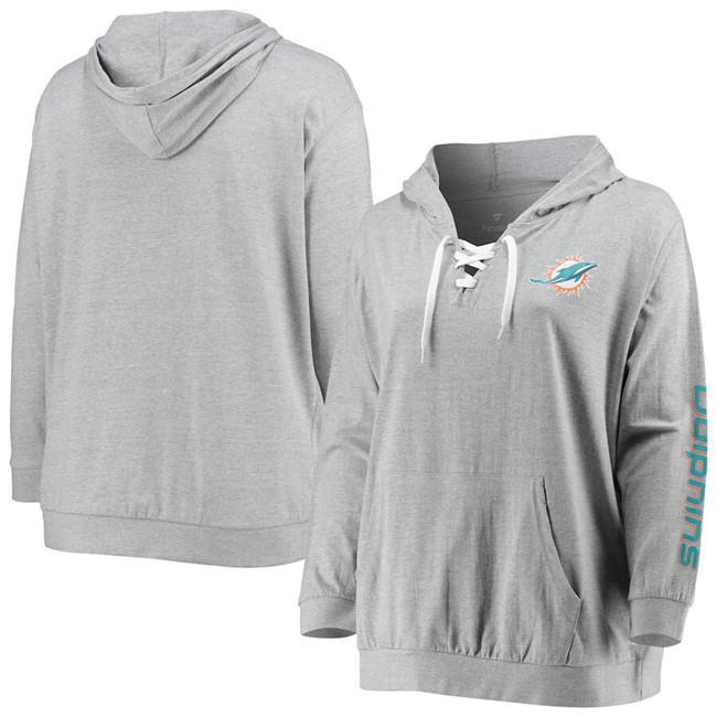 Personalized Women’s Miami Dolphins Heathered Gray Lace-Up Pullover Hoodie