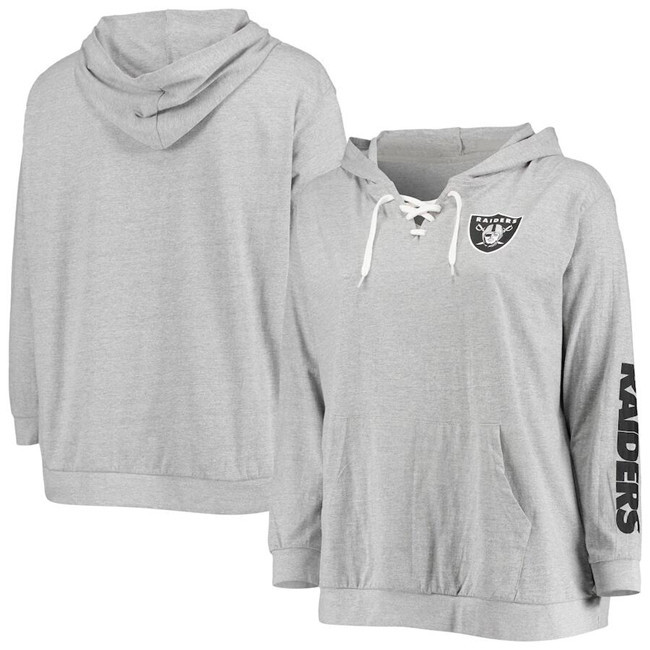 Personalized Women’s Las Vegas Raiders Heathered Gray Plus Size Lace-Up Pullover Hoodie