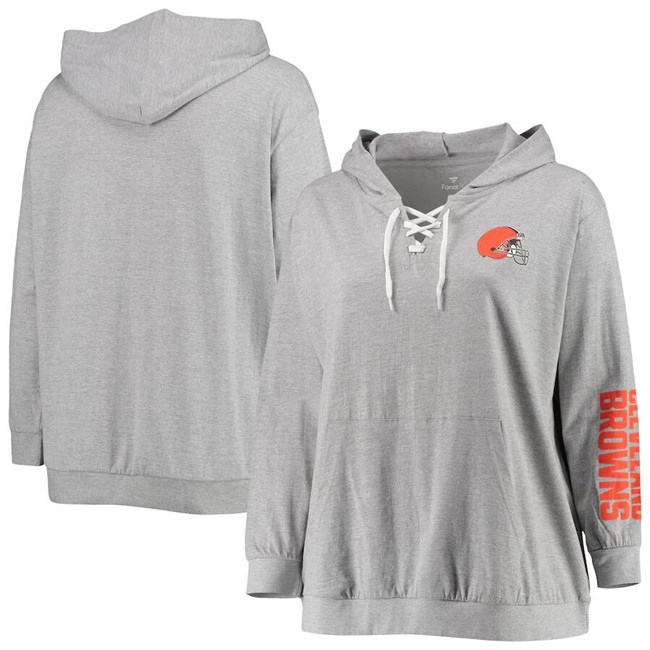 Personalized Women’s Cleveland Browns Heathered Gray Plus Size Lace-Up Pullover Hoodie