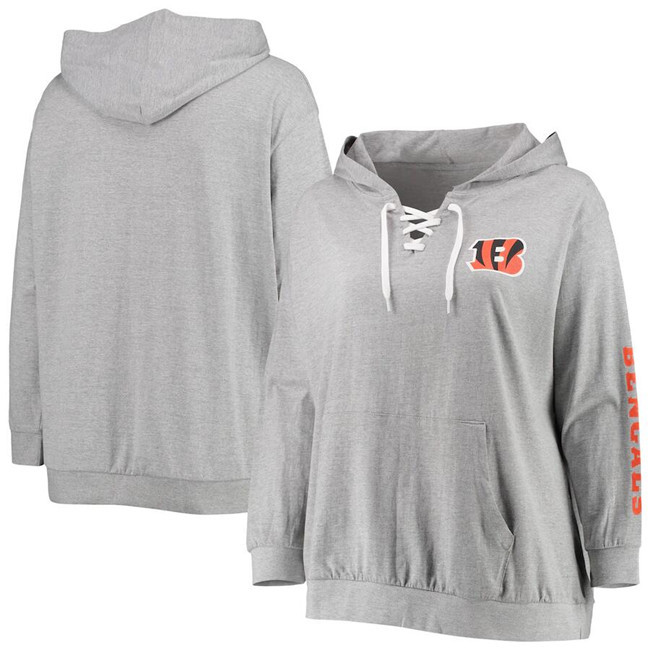 Personalized Women’s Cincinnati Bengals Heathered Gray Plus Size Lace-Up Pullover Hoodie