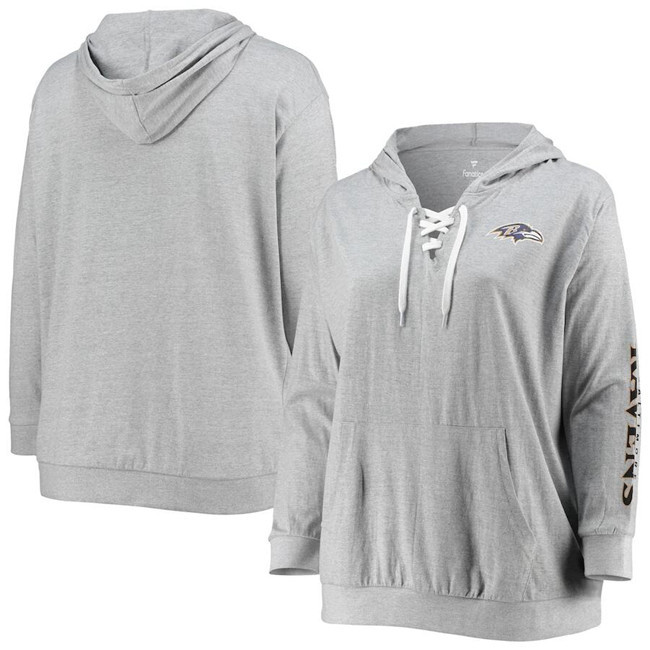 Personalized Women’s Baltimore Ravens Heathered Gray Plus Size Lace-Up Pullover Hoodie