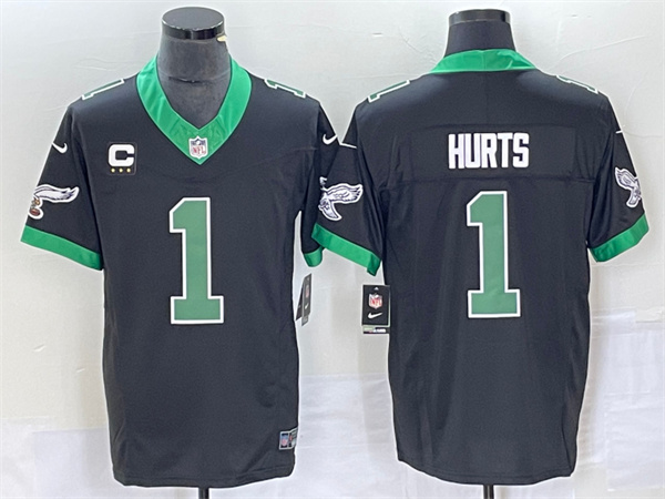 Personalized Men’s Philadelphia Eagles #1 Jalen Hurts Black 2023 F.U.S.E. Untouchable With C Patch Stitched Football Jersey