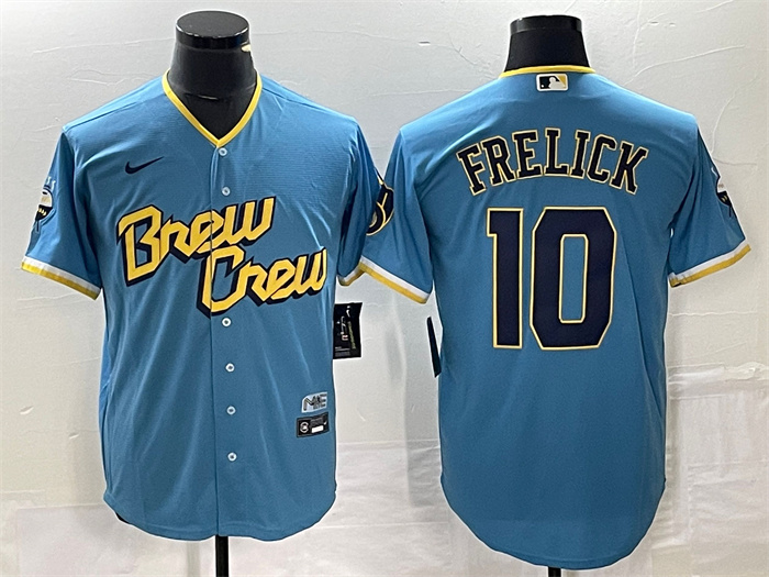 Personalized Men’s Milwaukee Brewers #10 Sal Frelick 2022 Powder Blue City Connect Cool Base Stitched Jersey