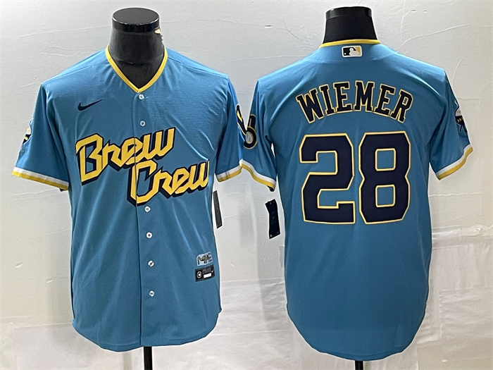 Personalized Men’s Milwaukee Brewers #28 Joey Wiemer 2022 Powder Blue City Connect Cool Base Stitched Jersey